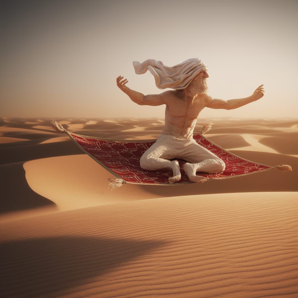Surreal Sahara Sunset with Vaporous Djinn on Magic Carpet Ri...