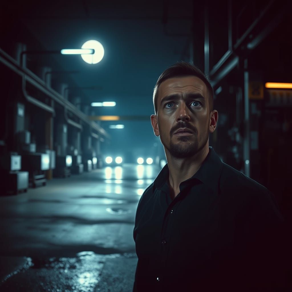 Noir Portrait of Man in Industrial Moonlit Setting