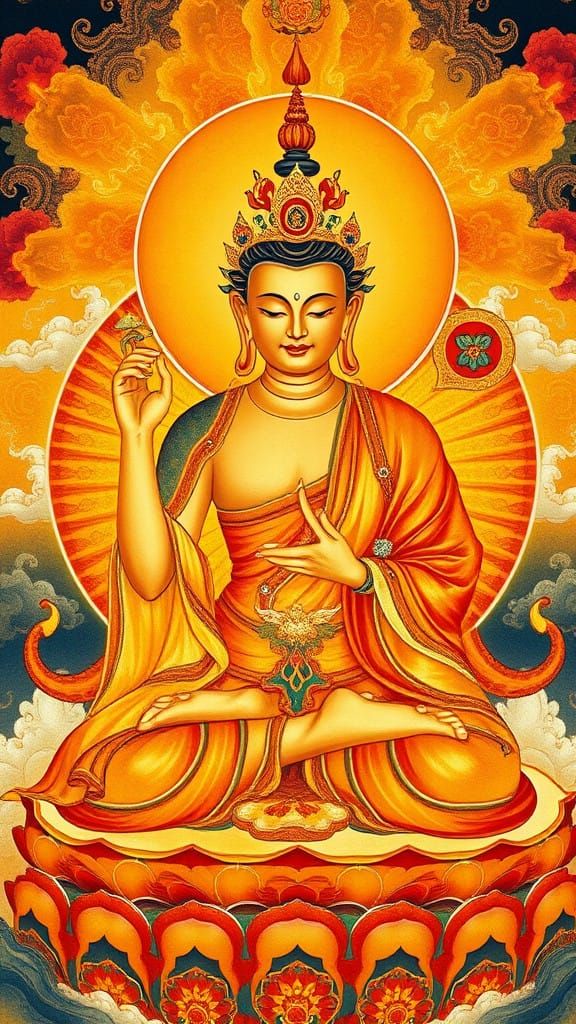 Thangka artwork of cosmic Buddha Vairochana, rendered in 12t...