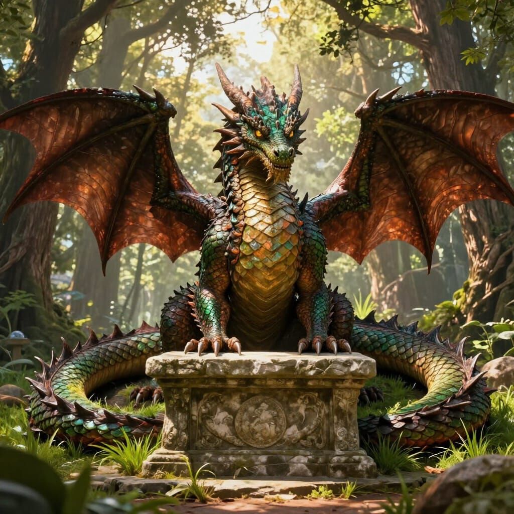 Majestic Earth-Toned Dragon Guarding Altar in Ethereal Light