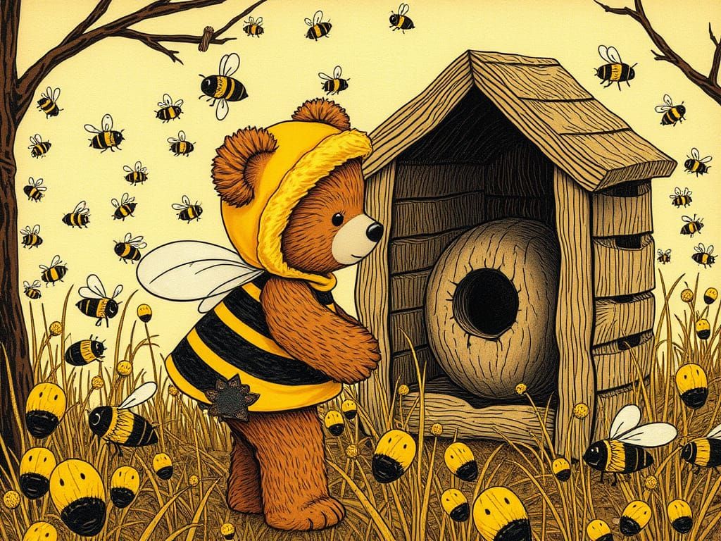 Charming Teddy Bear Sneaks Up on Whimsical Woodcut Beehive