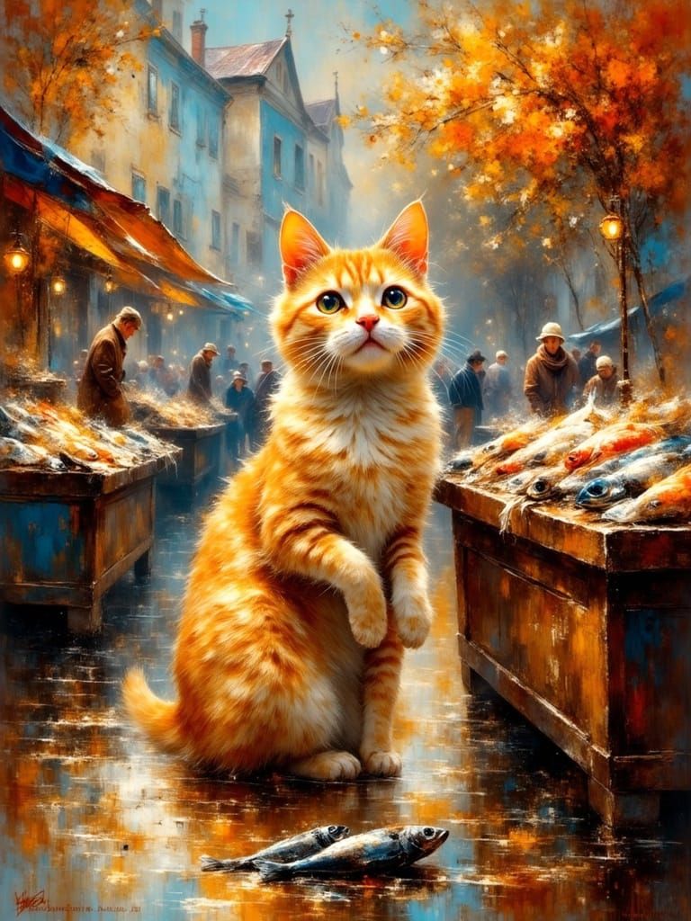 Ginger Cat Begging for Fish at Vibrant Market
