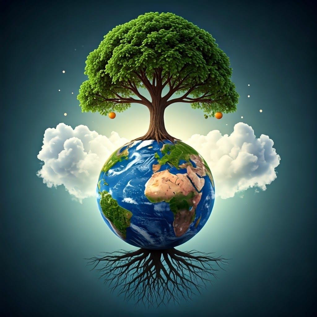 Create in 3D: earth on which rests the top of a tree with le...
