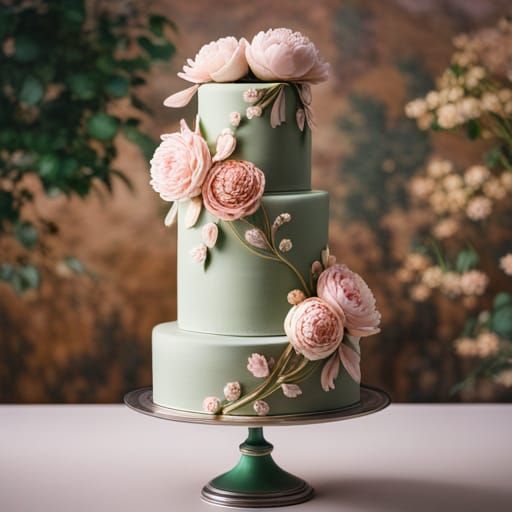 Elegant Sage Green and Pink Peony Wedding Cake