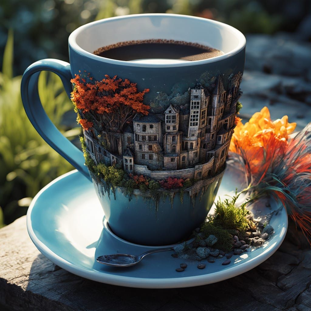 Surreal Garden in a Coffee Cup, Mixed Media Textile Art