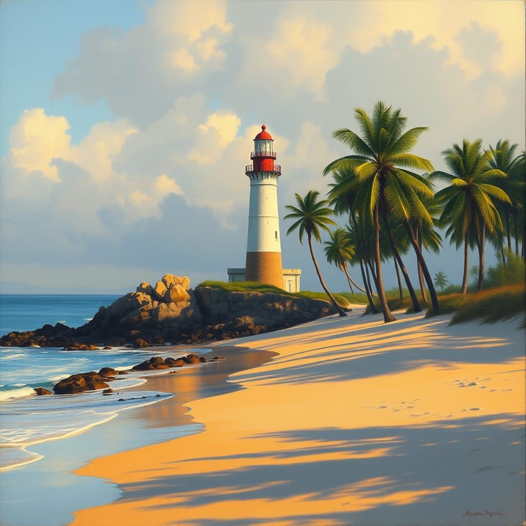 Lighthouse on Shoreline in Realistic Impressionism Style
