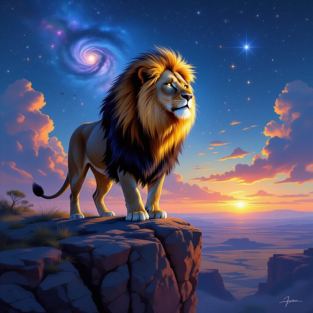 Luminescent Lion in Starry Savanna: Cosmic Surrealism