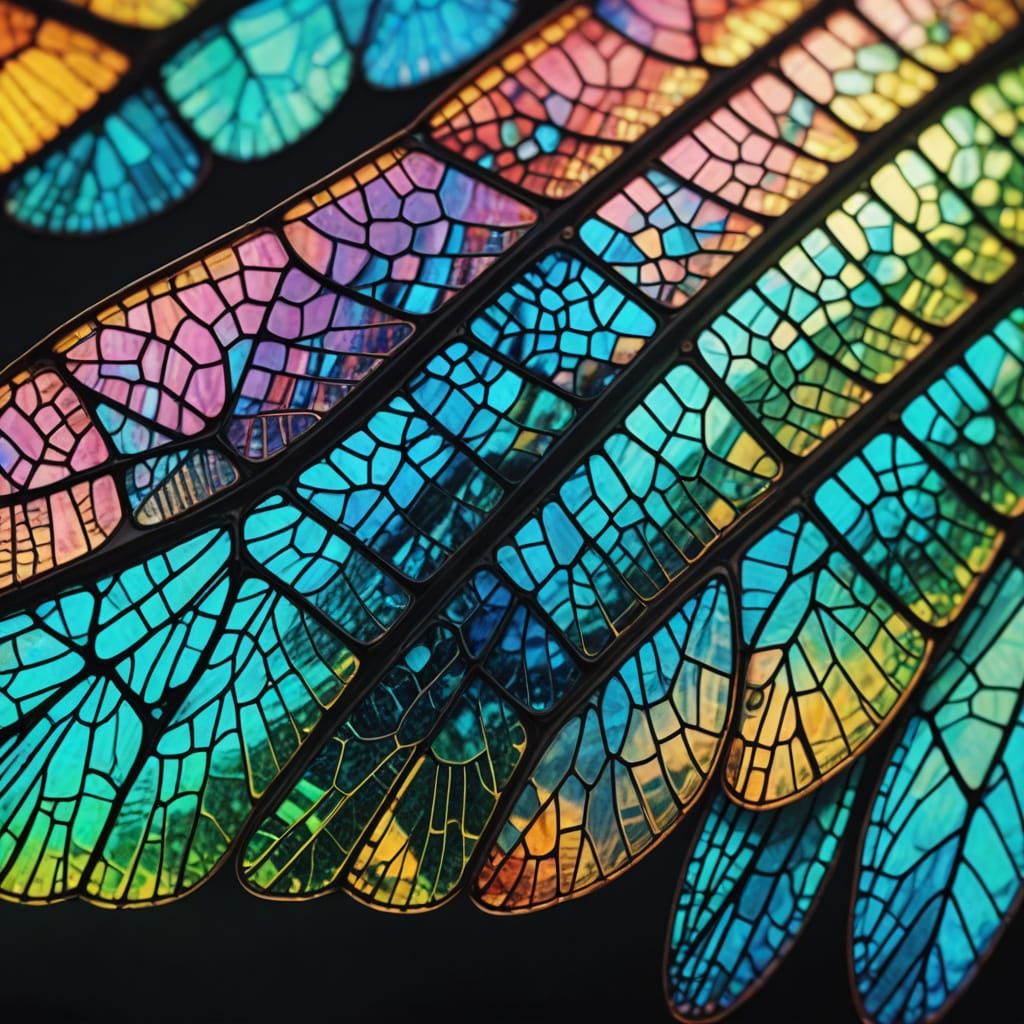 Iridescent Dragonfly Wing in Microscopic Stained Glass