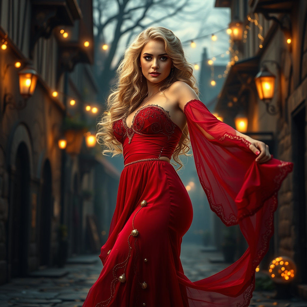 Mystical Gypsy Dancer in Medieval Street at Dusk