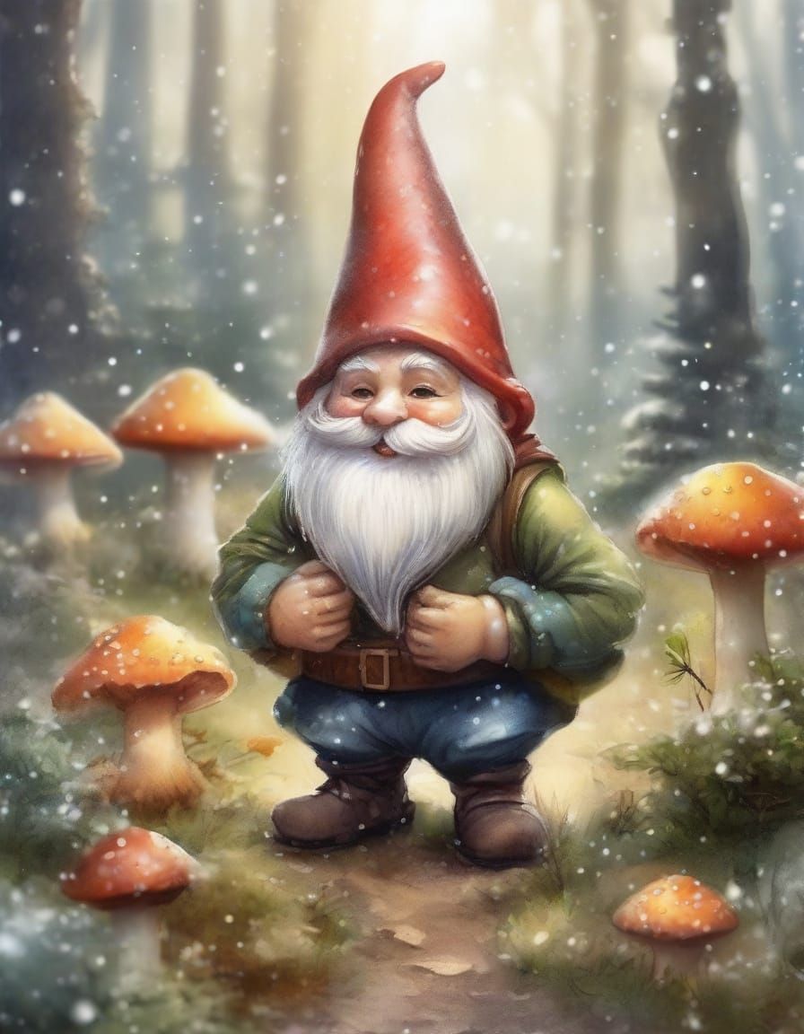 Gnome in Detailed Winter Forest with Shimmering Light