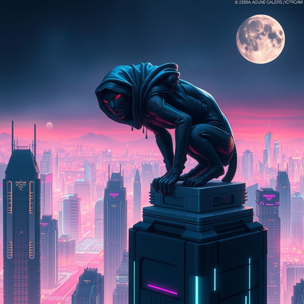 Cyberpunk Panther Assassin in Neon Cityscape