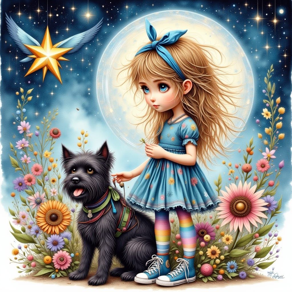 Whimsical Girl and Terrier Dog Painting with Starry Night