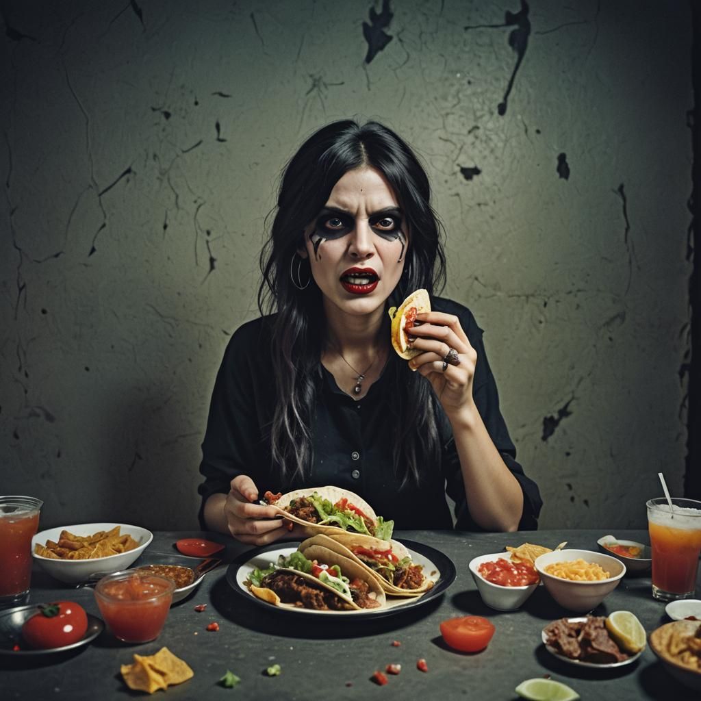 Cinematic Vampiric Woman Eating Tacos