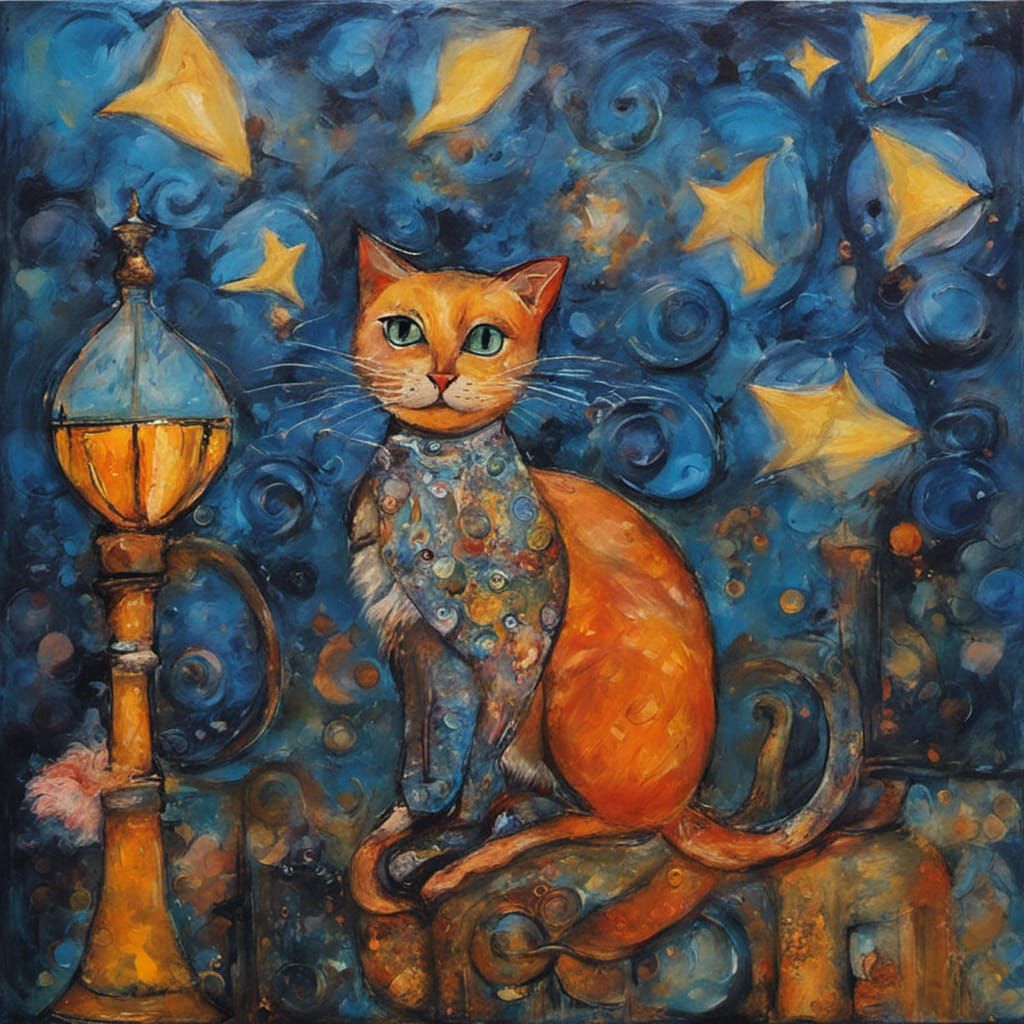 Whimsical Cats and Siren in Impressionistic Mixed Media