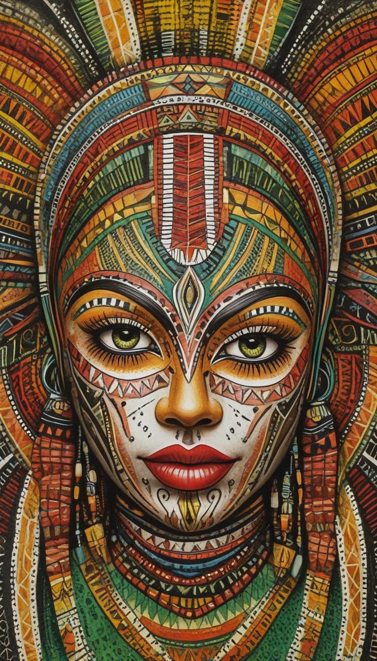 Glossy Crayon Tribal African Mask of a Smiling Woman