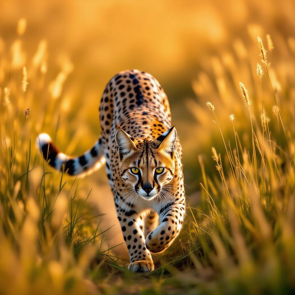 Serval Cat Prowling Savanna in Golden Light