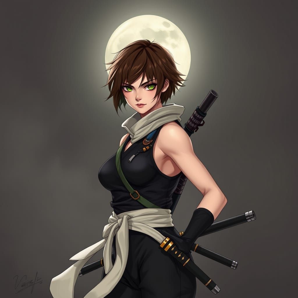 Female Ninja Prepares for Stealthy Mission in Moonlit Shadow...
