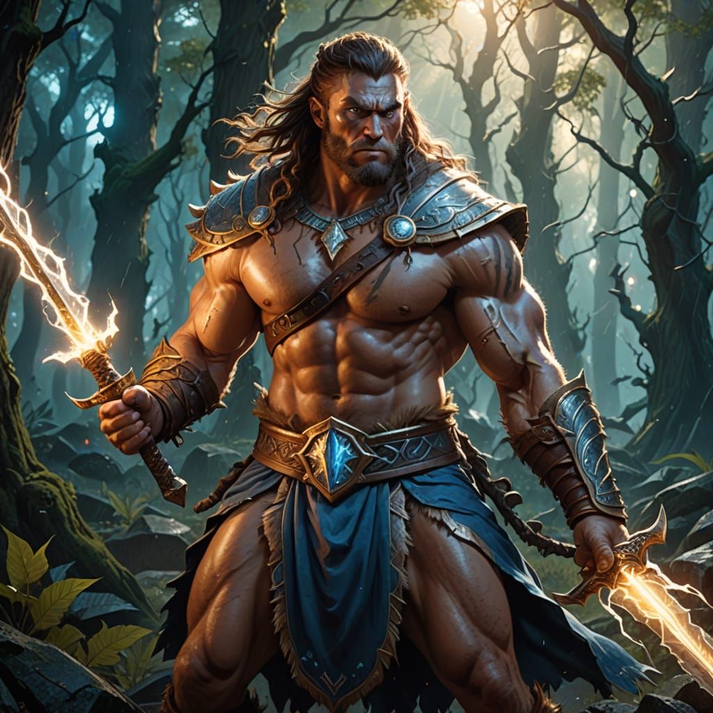 a barbarian holding a crystal two-handed sword powered by lightning.