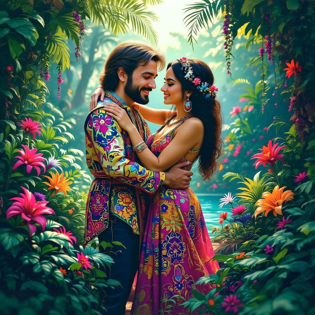 Psychedelic Jungle Oasis with Embracing Couple