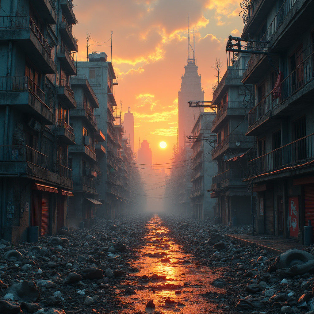 Dystopian Metropolis Sunset: Hyperrealistic Matte Painting