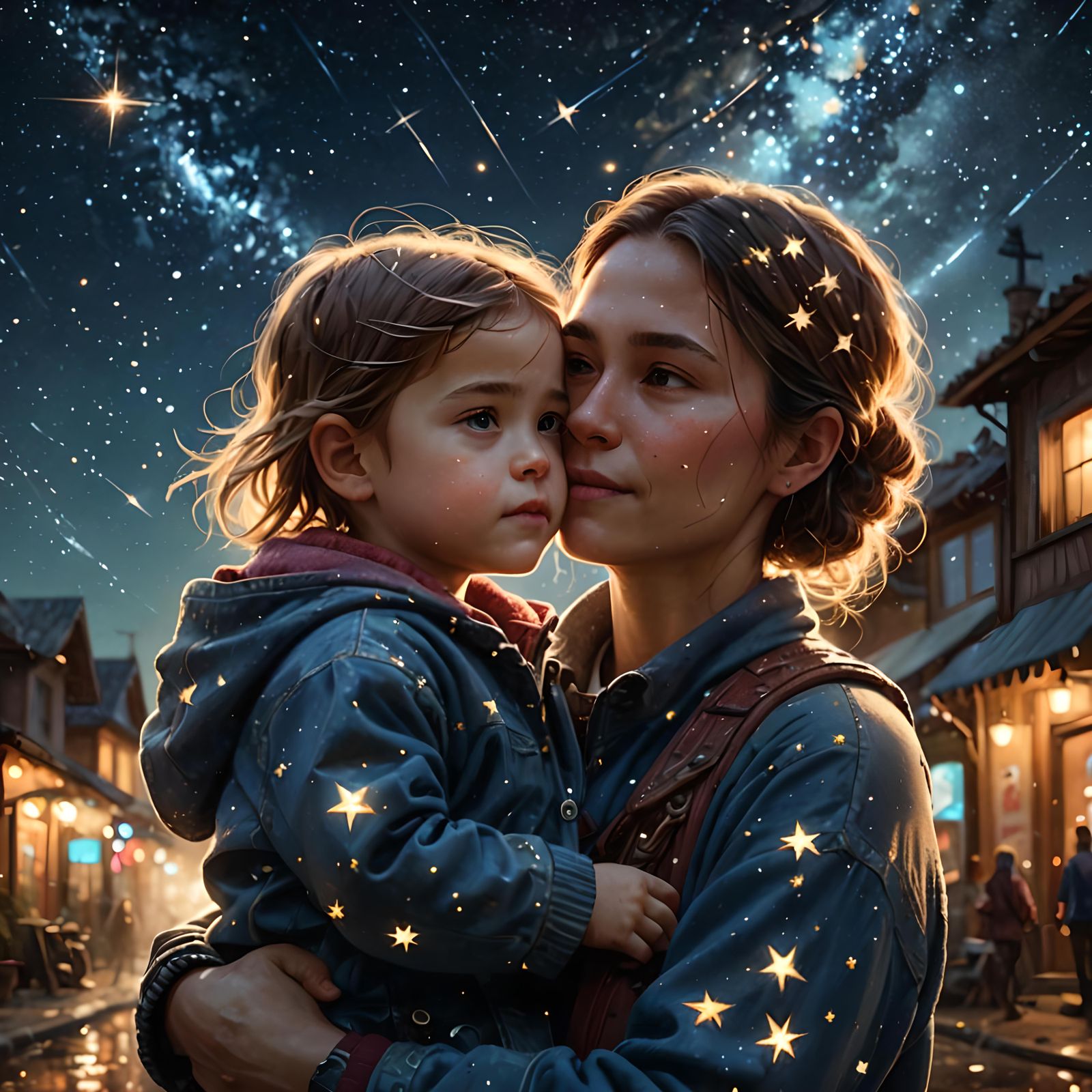 Mother and Child Under Falling Stars: Digital Painting