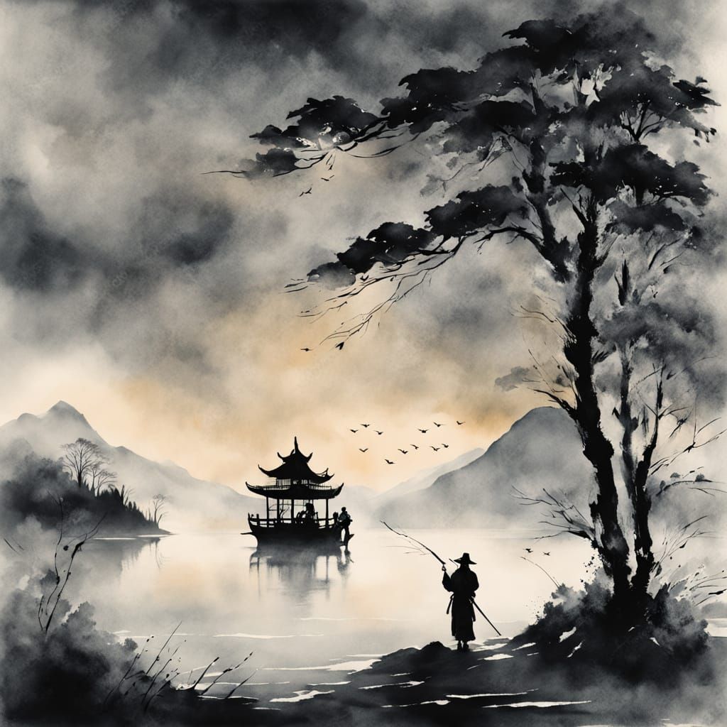 Lone Figure by Fishing Fire in Gusu City's Frosty Landscape