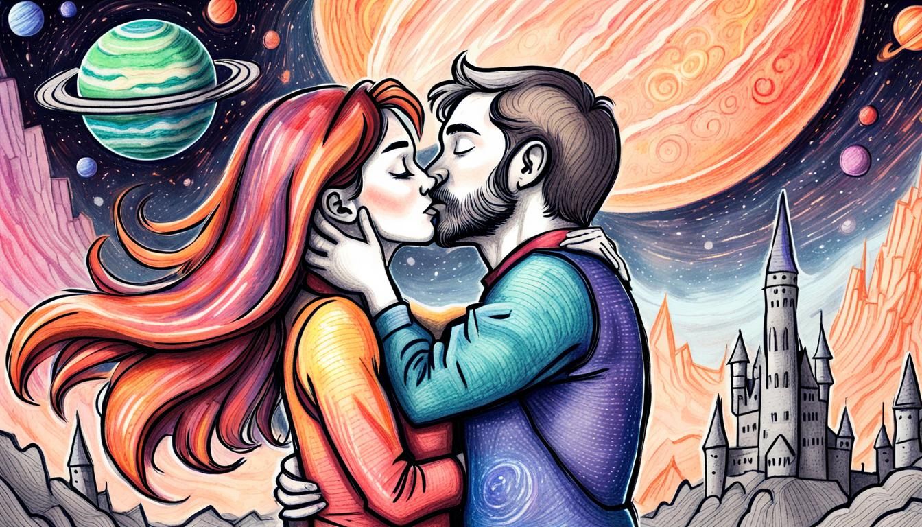 Crayon Doodle of Kissing Couple with Fantasy Background
