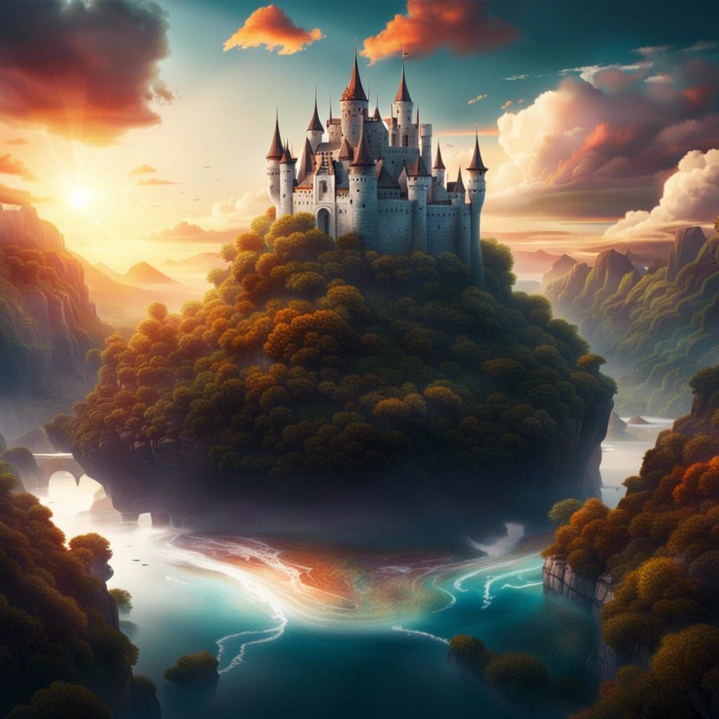 Fairytale Castle on Floating Island at Sunrise
