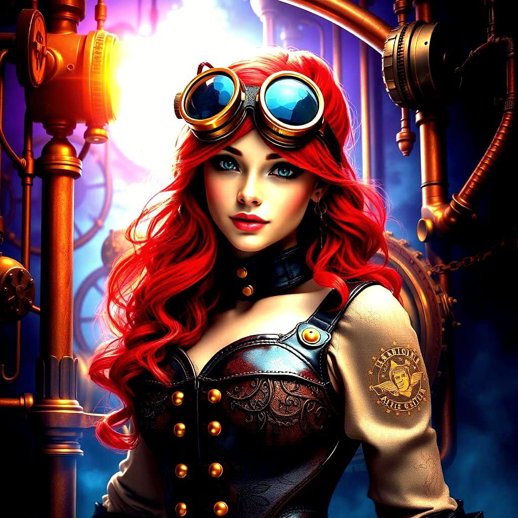 Steampunk Redhead in Vibrant, Fantastical World