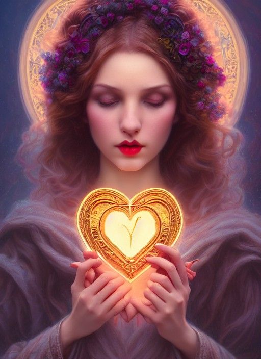 Woman with Glowing Heart in Art Nouveau Style