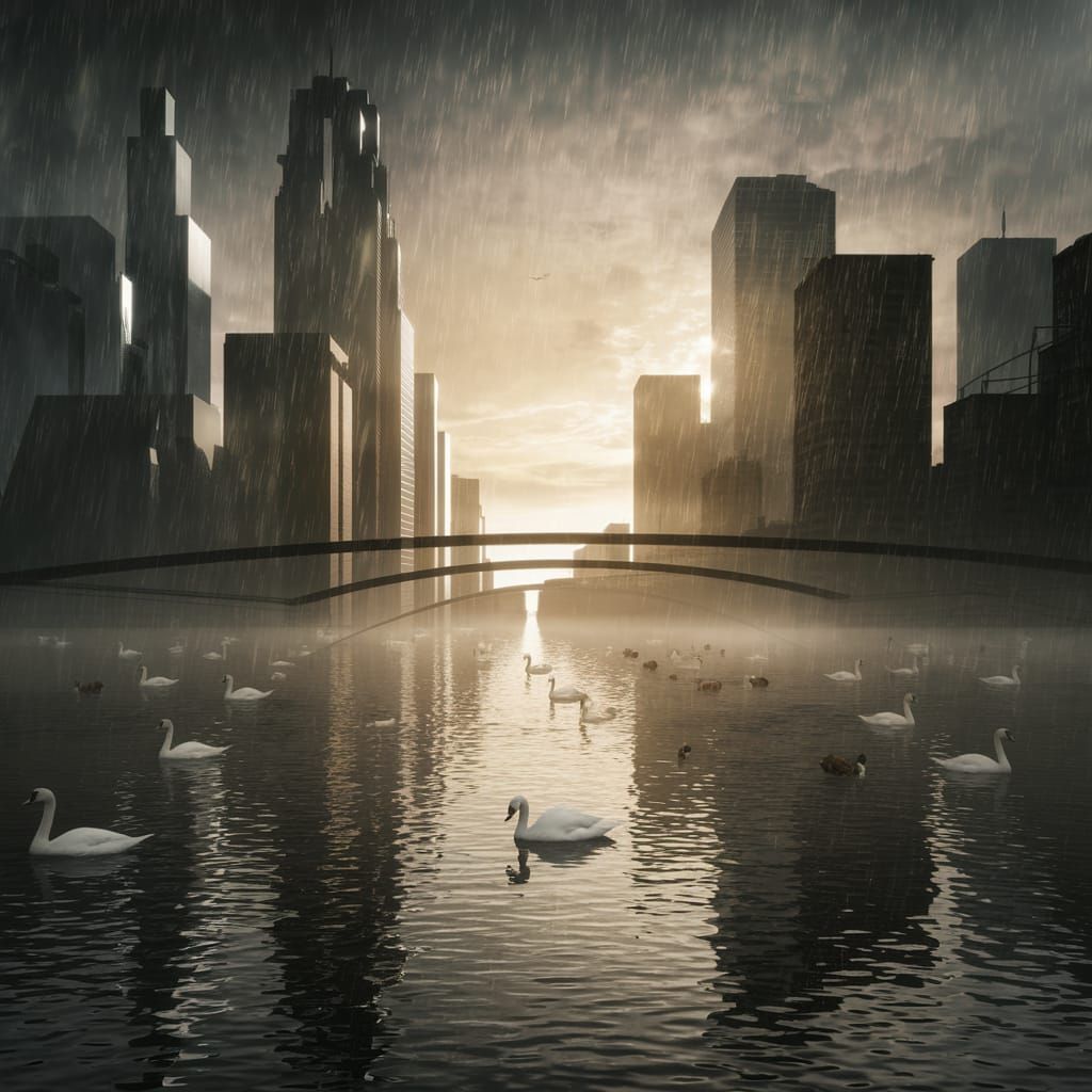 Surreal Post-Apocalyptic Times Square with Swans and Futuris...