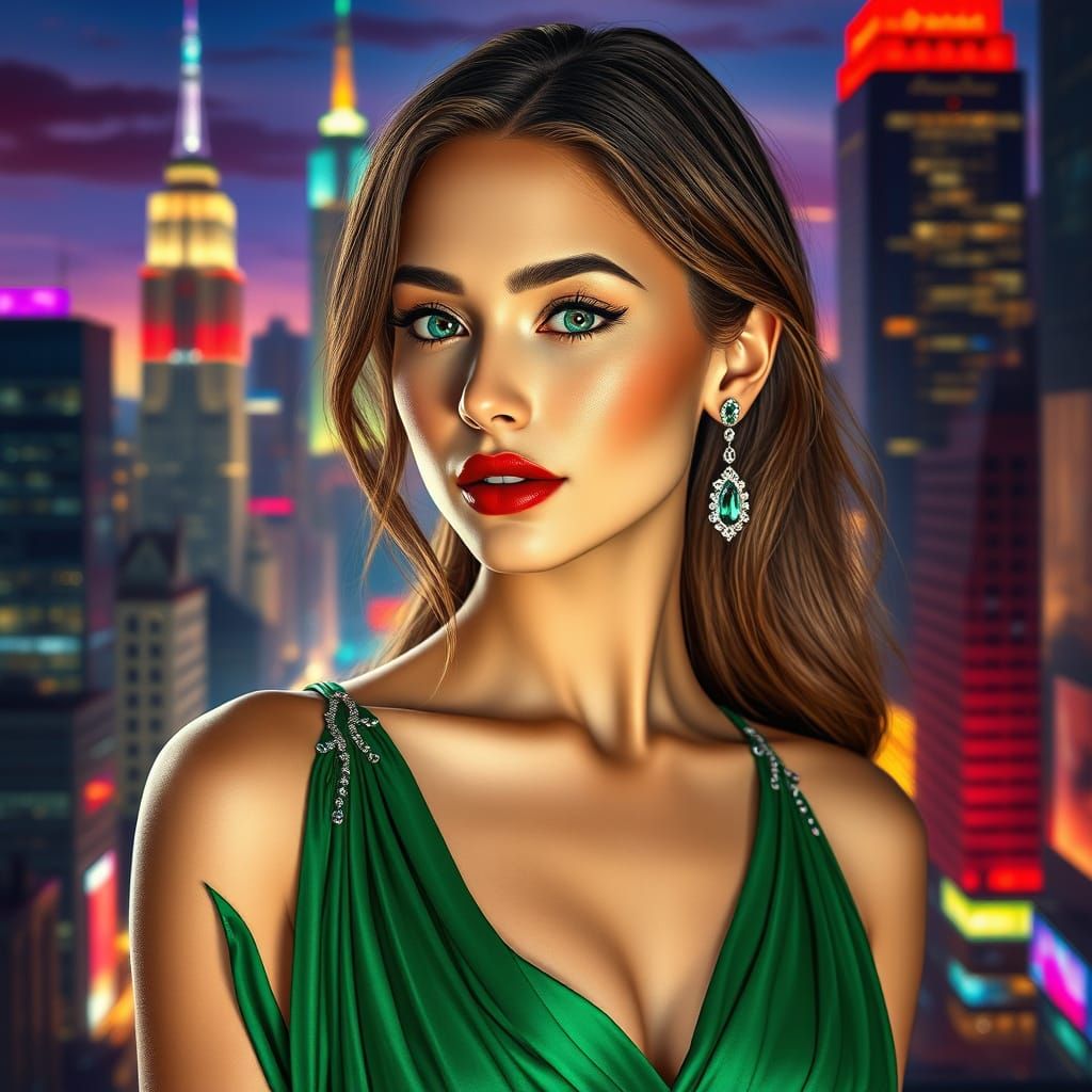 Elegant Woman in Emerald Couture Gown Against Cityscape