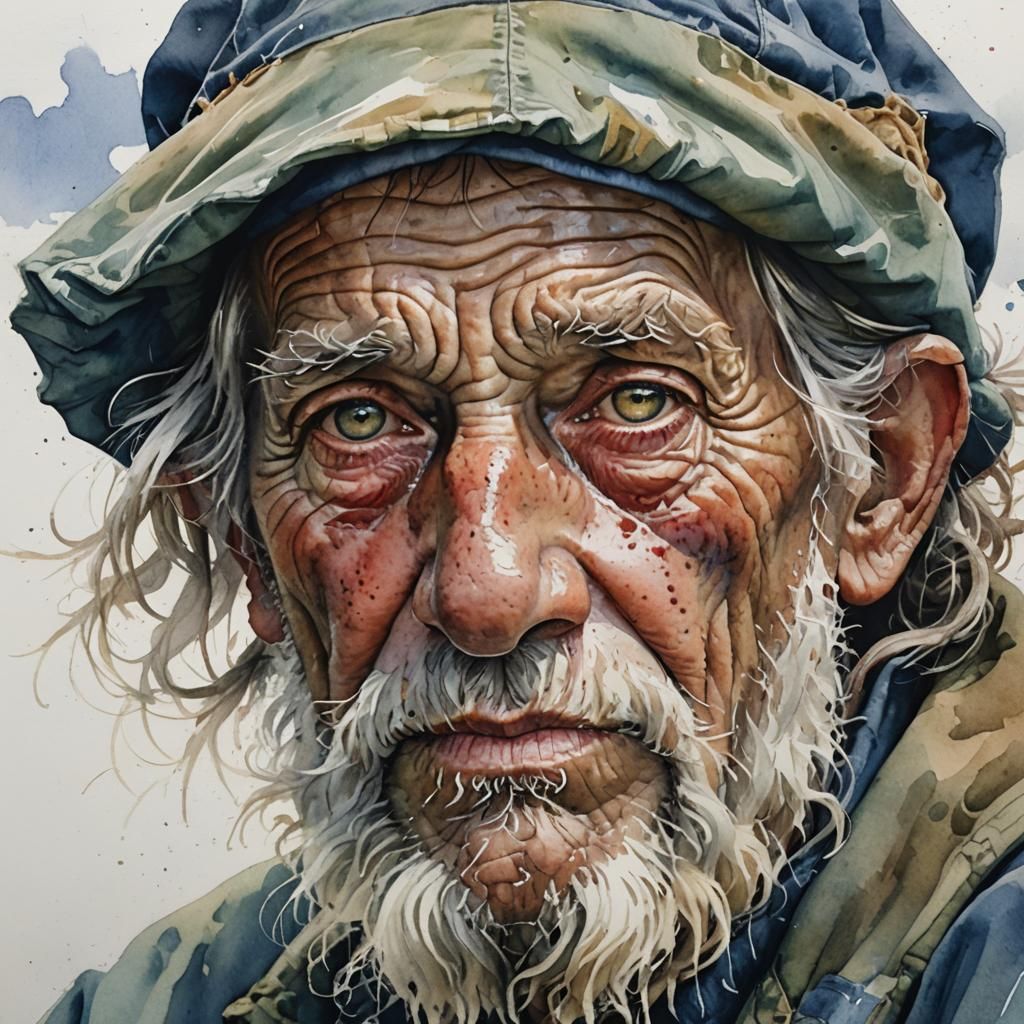 Detailed Watercolor Portrait of an Old Fisherman