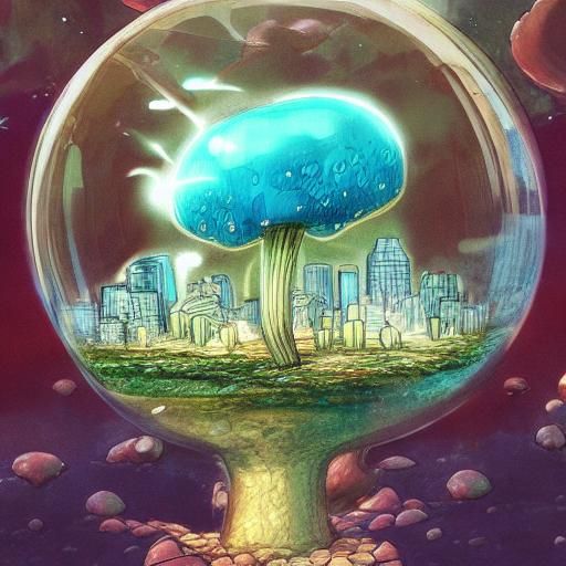 Microscopic City Inside Transparent Mushroom: Anime Style