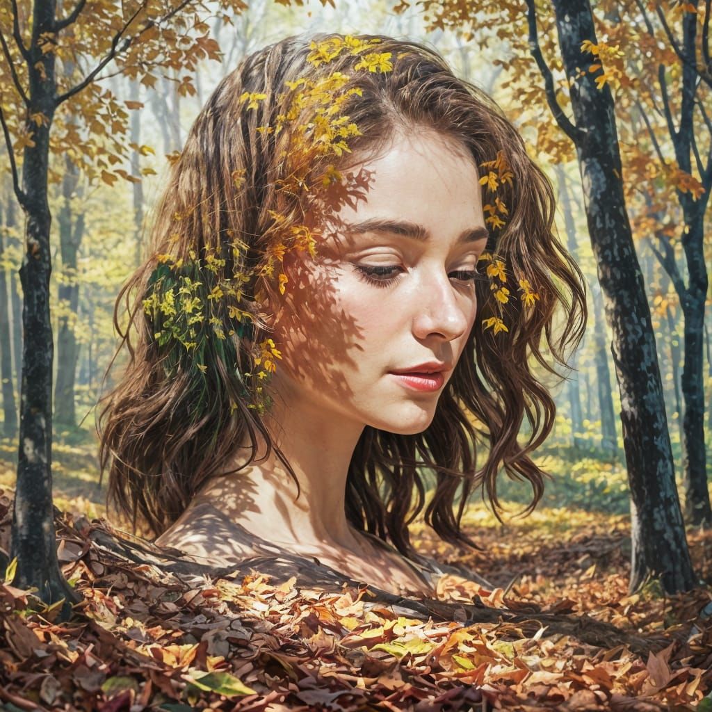 Autumn Forest Blends With Woman's Face