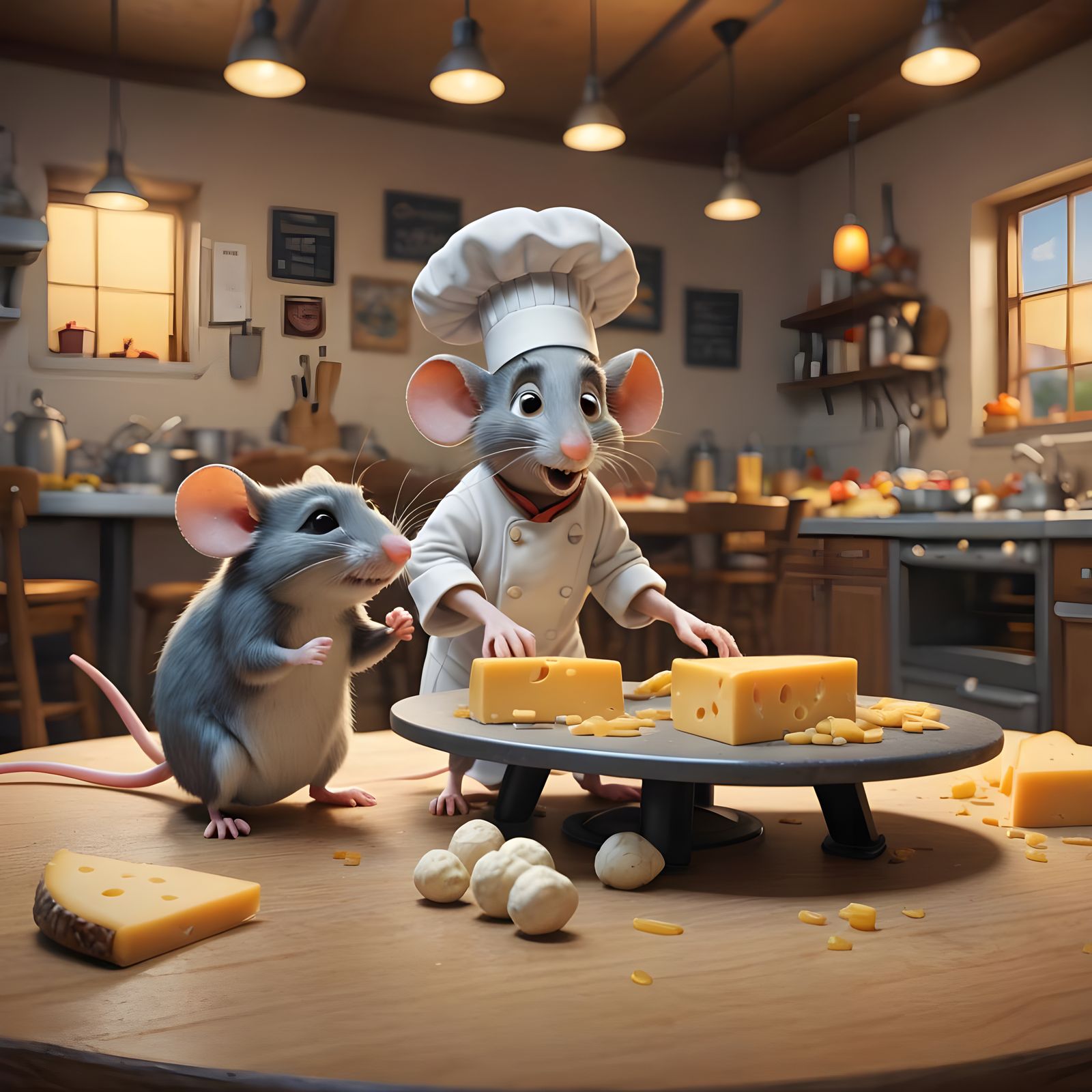 Mouse Cheese Heist: 3D Rendered Pixar Scene