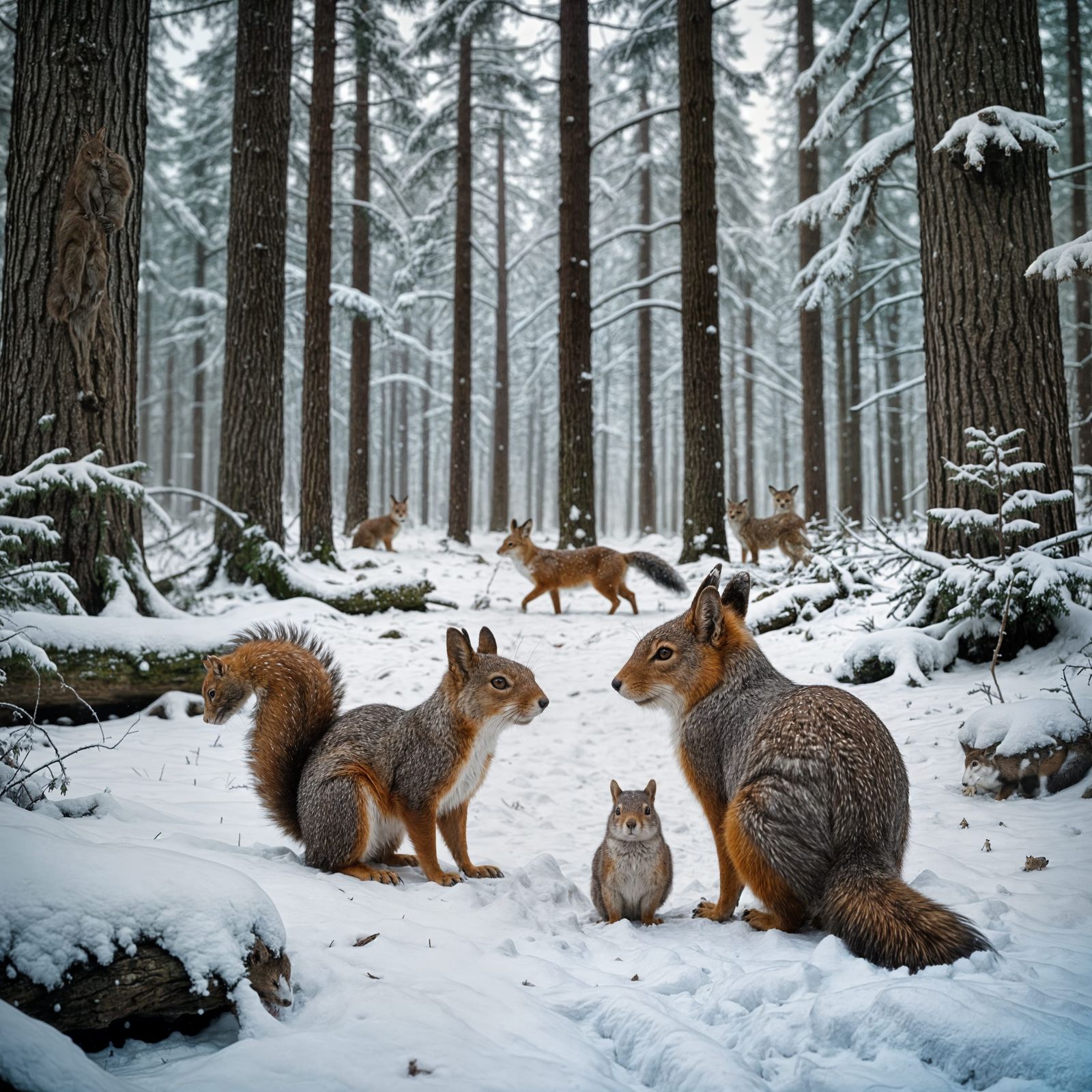 A Cinematic Scene of Animal Friendship in a Snowy Forest