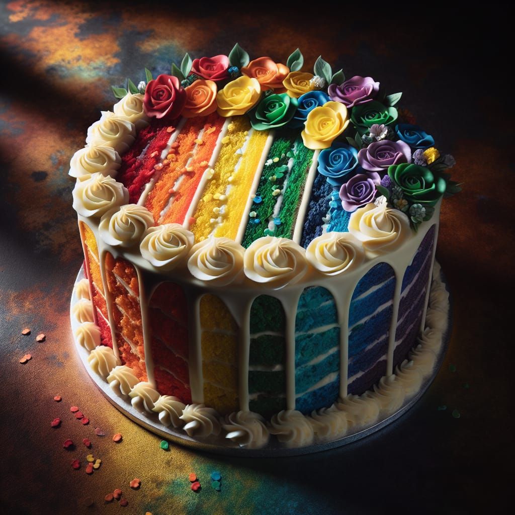 food photography of a rainbow cake on a dark background. The...