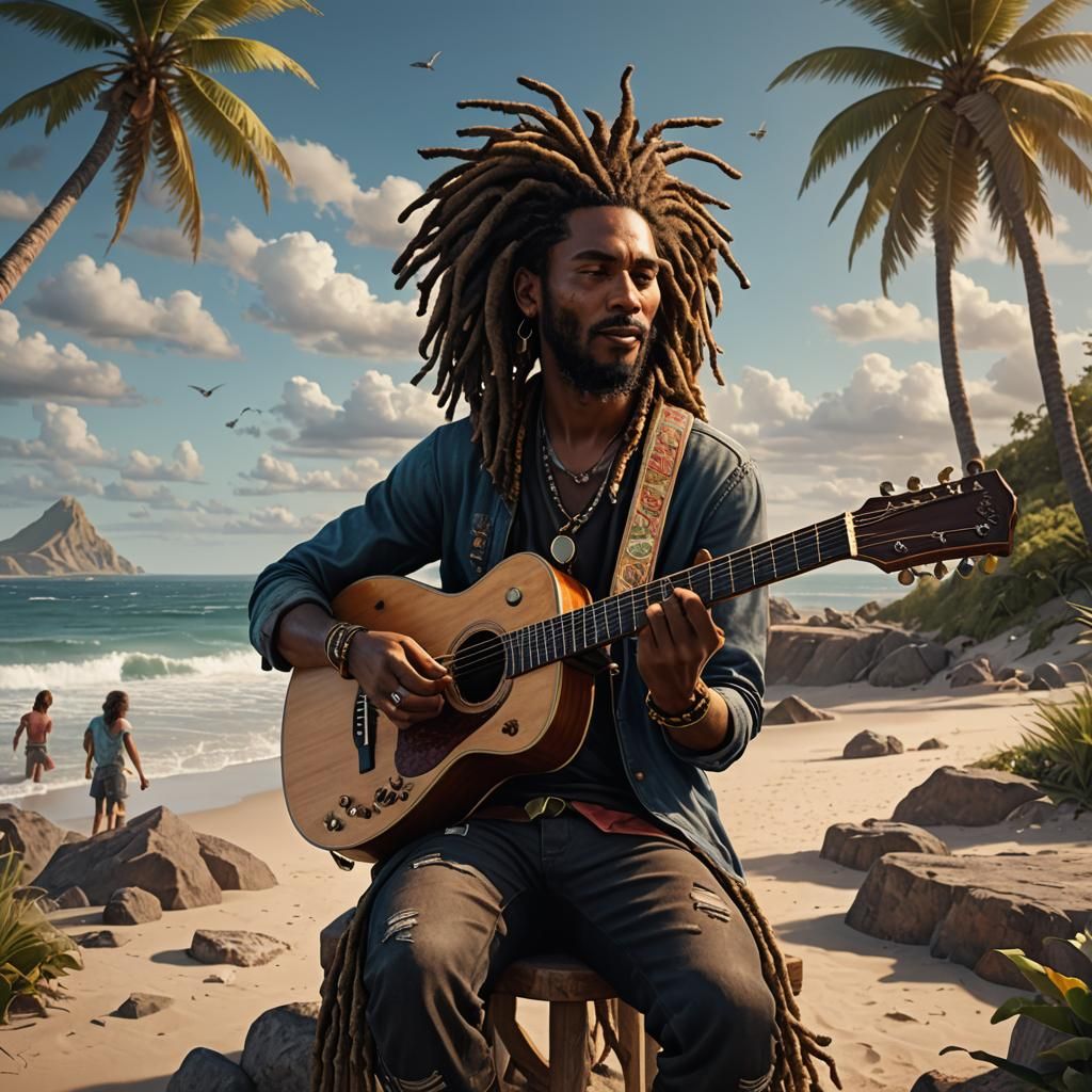 Man with Dreadlocks Playing Guitar, Digital Art