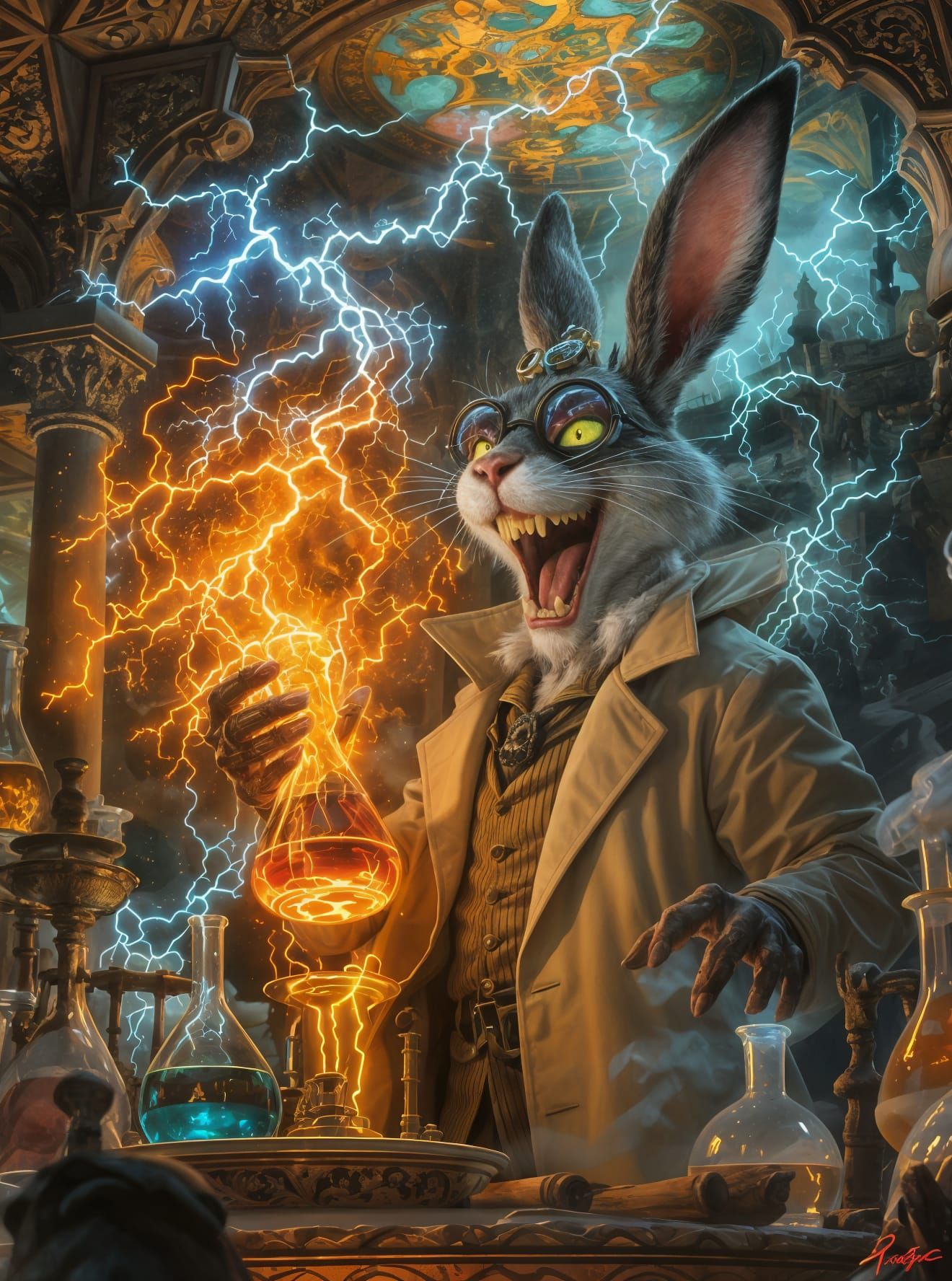 Mad Scientist Rabbit in Art Nouveau Lab