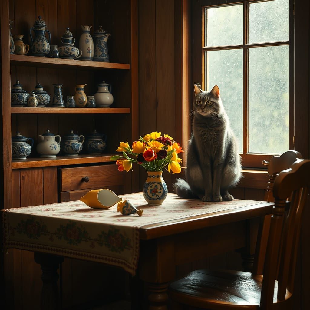 Whimsical Czech Village Kitchen Scene in Warm, Golden Tones