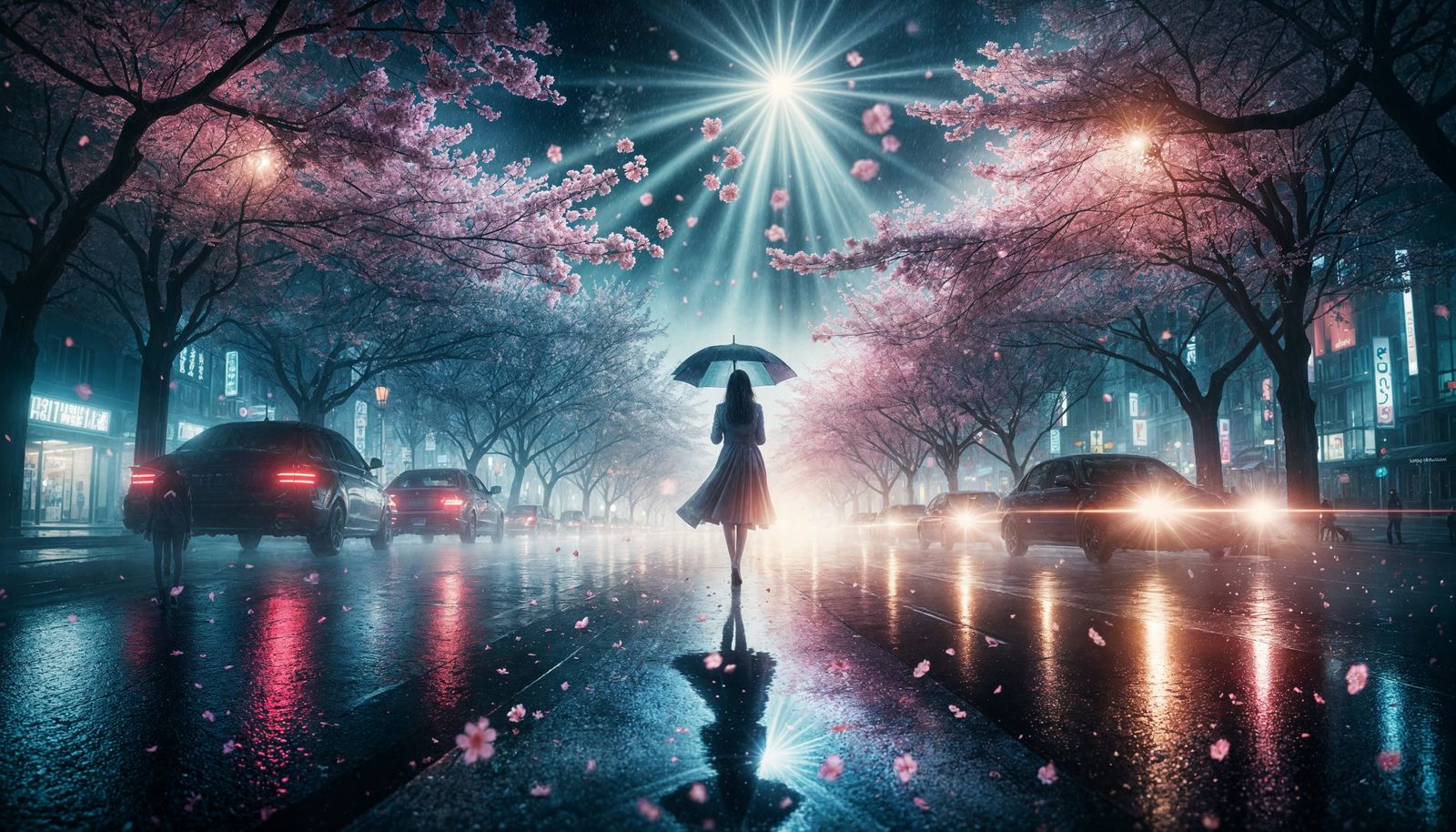 Moonlit Rain & Cherry Blossoms Double Exposure