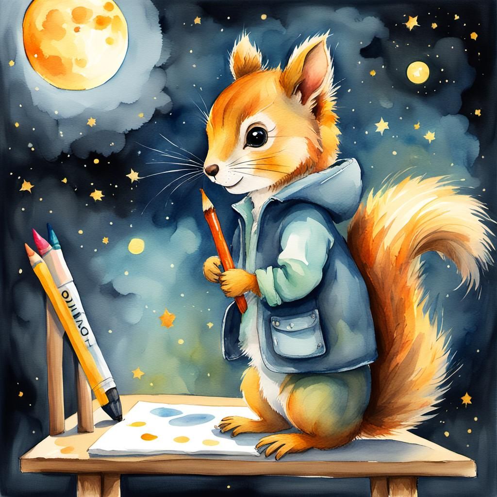 Boy Draws Moon with Squirrel: Whimsical Watercolor Art