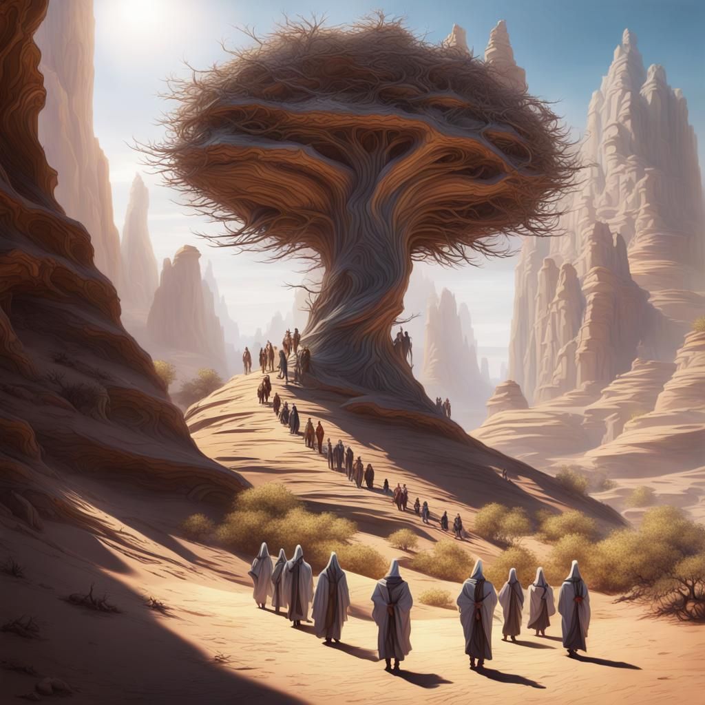 Desert Acolytes Ascend Rock Spiral in Dark Fantasy Style
