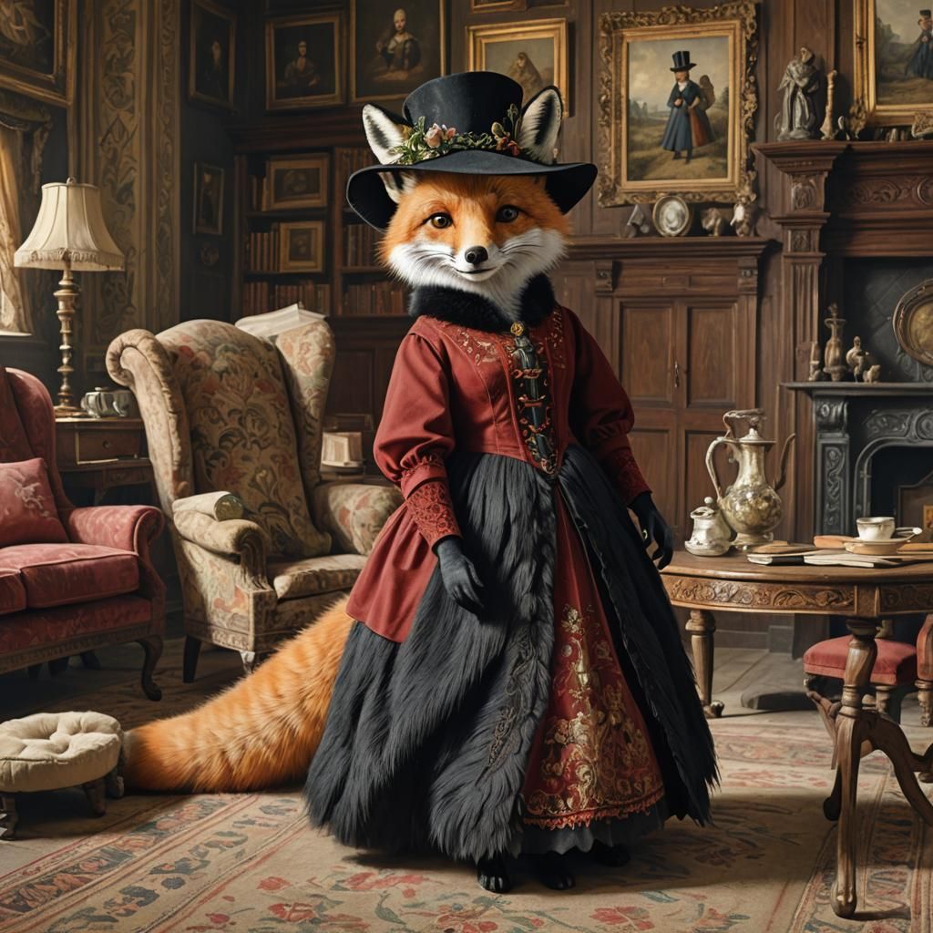 Victorian Fox Lady in Abbey, Hyperrealistic Art