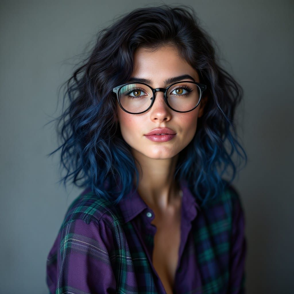 Photorealistic Portrait of a Blue-Haired Woman in a Plaid Ki...