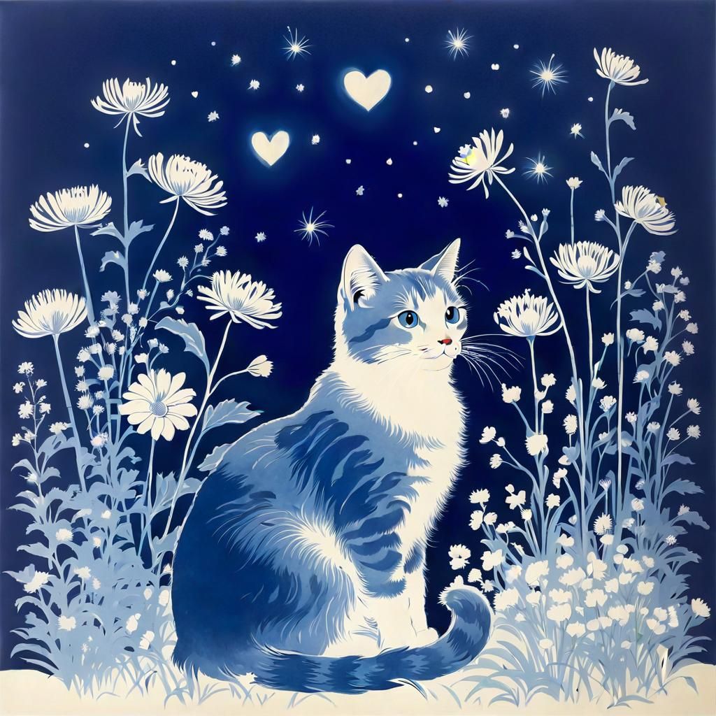 Cyanotype Cat Surrounded by Flowers and Hearts