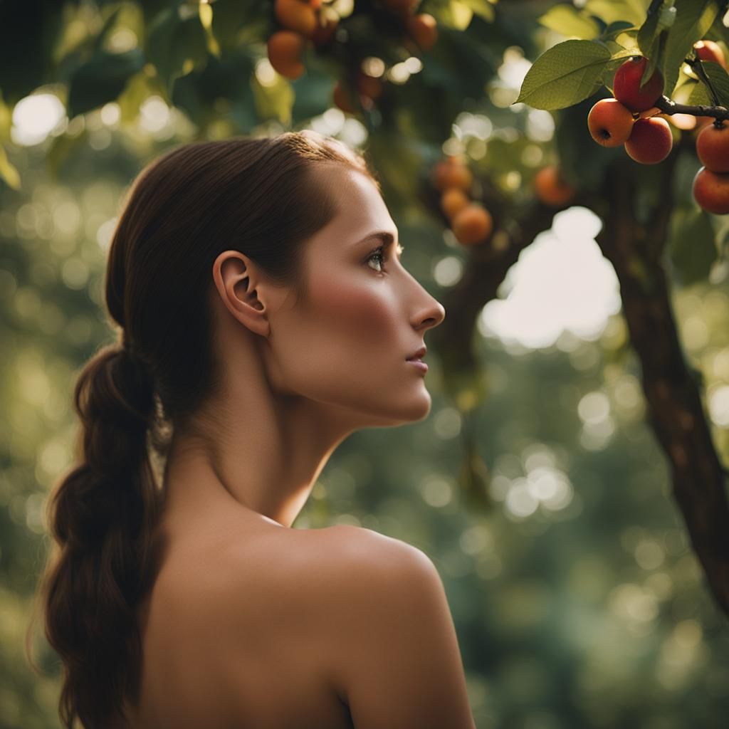 Woman Gazing at Fruit Tree: Backless Photo