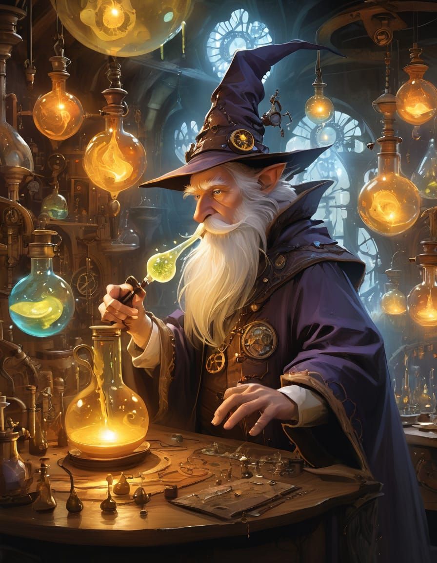 Wizard Inspects Potion in Steampunk Lab