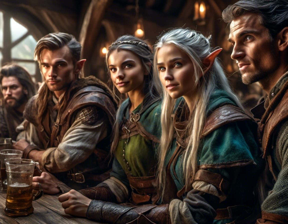 Young Elf Warriors in a Tavern, Hyperrealistic Photo